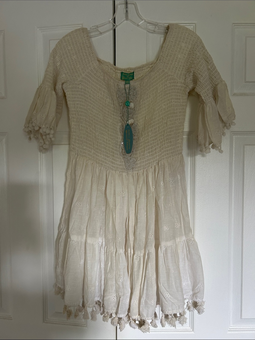 Cream Smocked Mini Dress with Eyelet Tiers